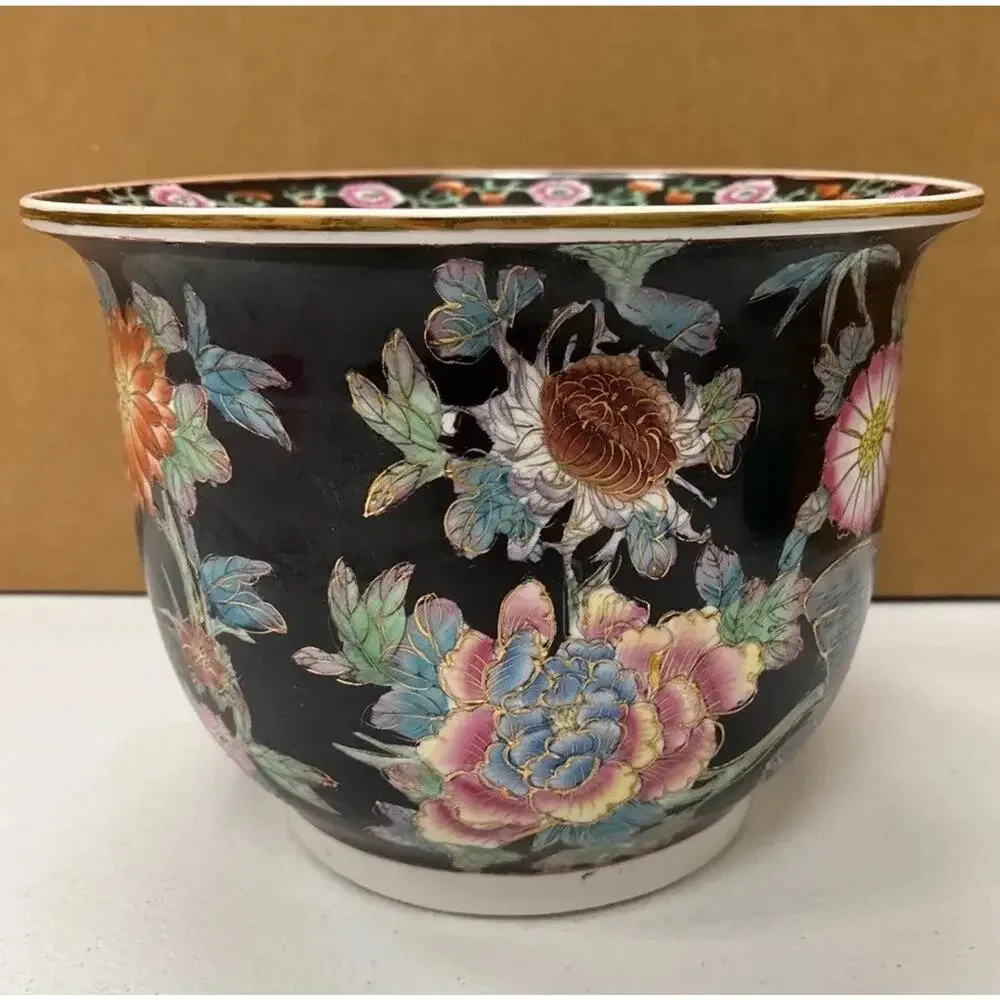Vintage Chinese Enamel Famille Rose Koi Planter Cachepot Flowers Black Flowers